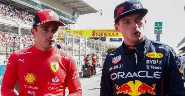 Ferrari's Charles Leclerc (L) is flanked by Red Bull's Max Verstappen at the Barcelona Grand Prix, Barcelona, Spain, May 21, 2022. (AP Photo)