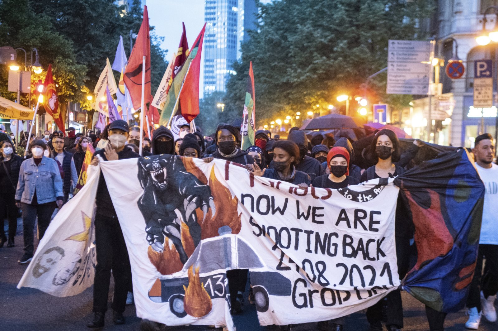 Several hundred people from the left-wing spectrum protest against police violence and racism during a march through the city center in Frankfurt/Main, Germany, May 3, 2022. (AP Photo)