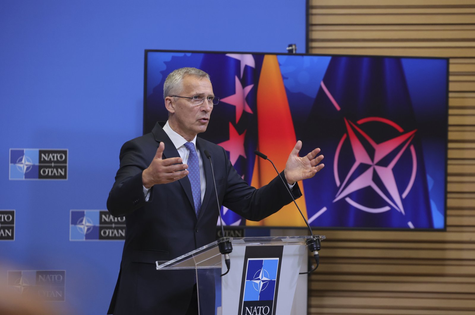 NATO Secretary-General Jens Stoltenberg speaks during a media conference at NATO headquarters in Brussels, May 25, 2022. (AP Photo)