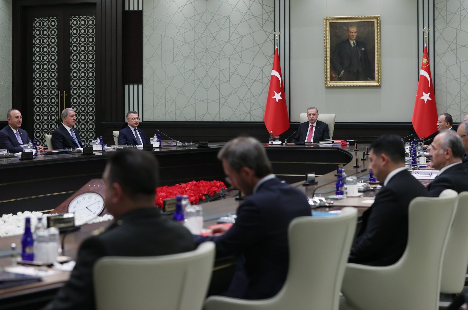 President Recep Tayyip Erdoğan (C) and Turkish officials attend the National Security Council meeting in Ankara, Turkey, May 26, 2022. (DHA Photo)