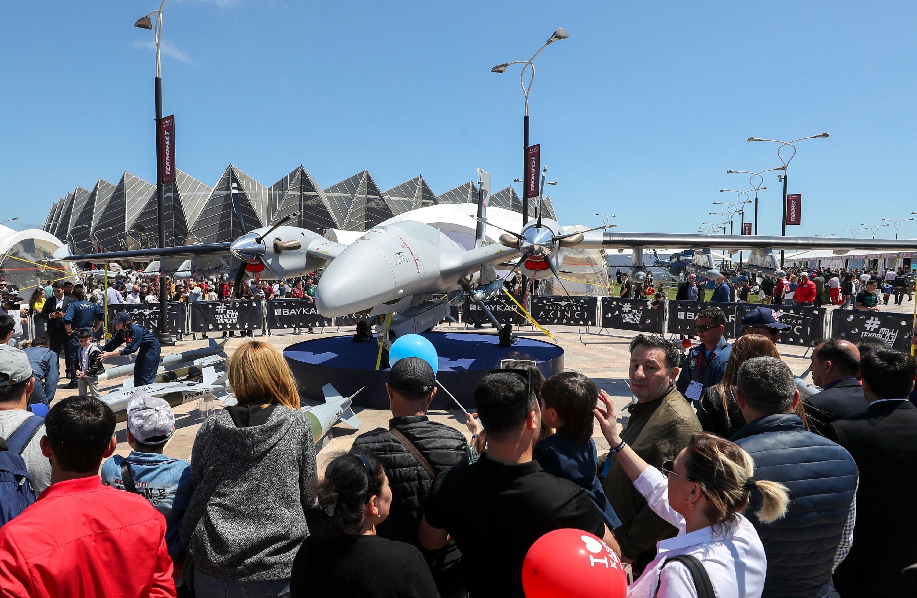 The Akıncı drone, manufactured by Turkey's Baykar, is presented during the aerospace and technology festival Teknofest, in the capital Baku, Azerbaijan, May 27, 2022. (AFP Photo)