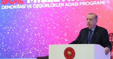 President Recep Tayyip Erdoğan speaks at an event on Istanbul&#039;s Democracy and Freedom Island (formerly known as Yassıada) on the occasion of the 62nd anniversary of the military takeover of May 27, 1960, Turkey, May 27, 2022. (DHA Photo)