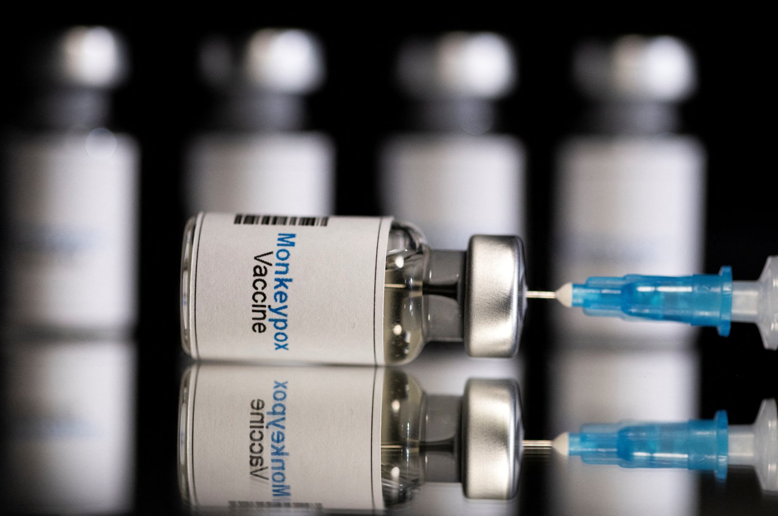 Mock-up vials labeled &quot;monkeypox vaccine&quot; and a medical syringe are seen in this illustration taken on May 25, 2022. (Reuters Photo)