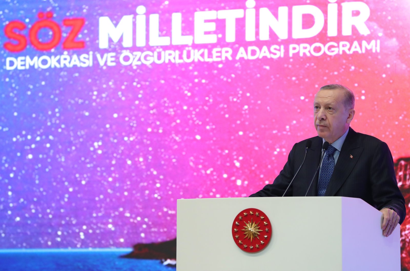 President Recep Tayyip Erdoğan speaks at an event on Istanbul&#039;s Democracy and Freedom Island (formerly known as Yassıada) on the occasion of the 62nd anniversary of the military takeover of May 27, 1960, Turkey, May 27, 2022. (DHA Photo)