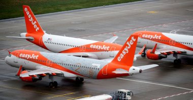 EasyJet airplanes are parked on the tarmac during the official opening of the new Berlin-Brandenburg Airport (BER) "Willy Brandt," in Schoenefeld near Berlin, Germany, Oct. 31, 2020. (Reuters Photo)