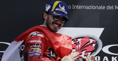 Ducati Lenovo's Francesco Bagnaia celebrates winning Italian GP, Tuscany, Italy, May 29, 2022. (Reuters Photo)