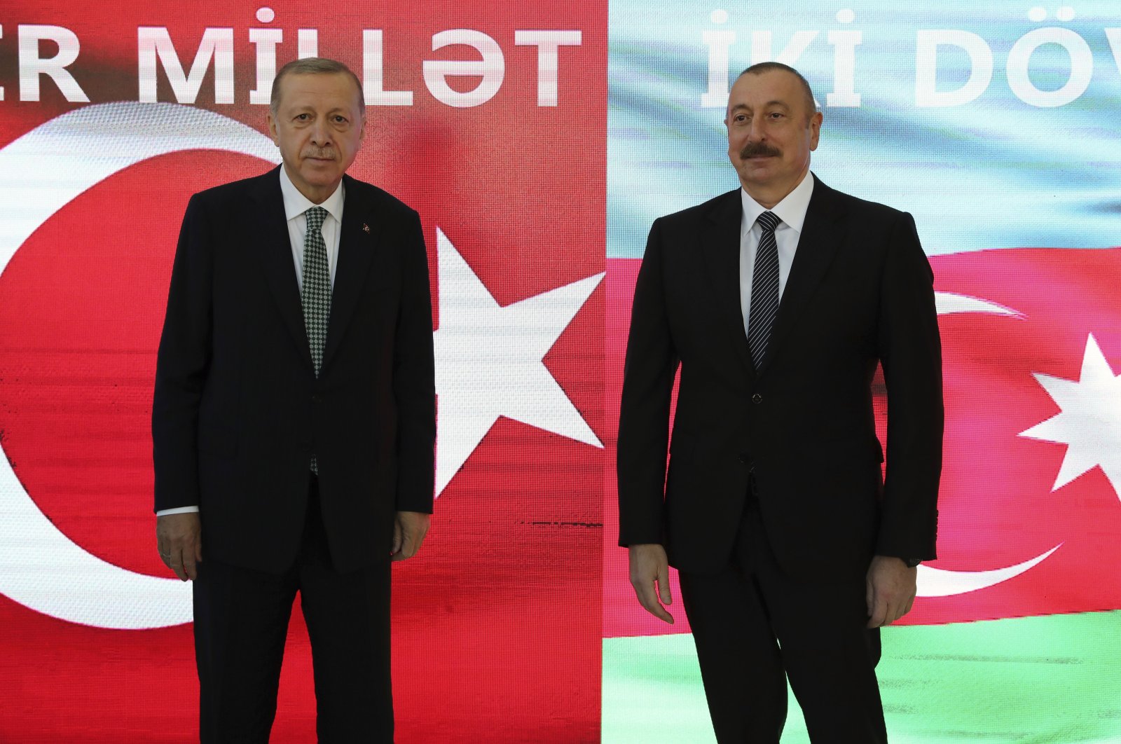 President Recep Tayyip Erdoğan and Azerbaijan&#039;s President Ilham Aliyev pose for a photo, during a Turkish Technology and Aviation festival, held abroad for the first time, in Baku, Azerbaijan, Saturday, May 28, 2022. (AP)