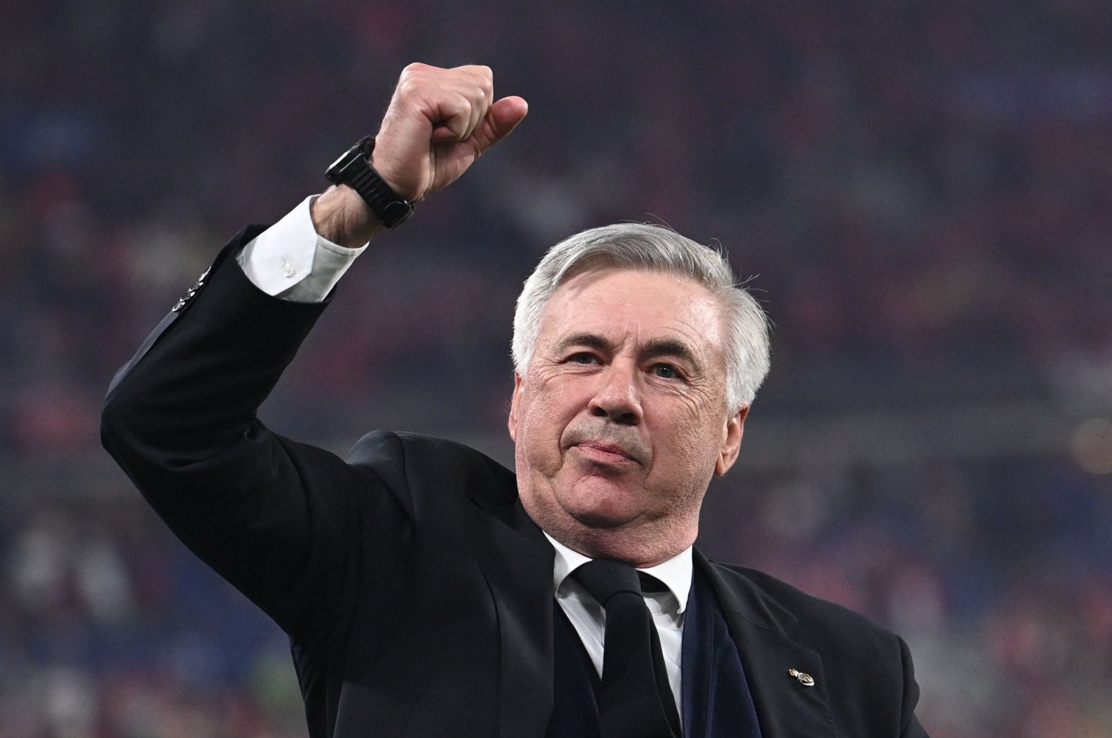 Real Madrid coach Carlo Ancelotti celebrates his team&#039;s victory in the UEFA Champions League final against Liverpool, Paris, France, May 28, 2022. (AFP Photo)