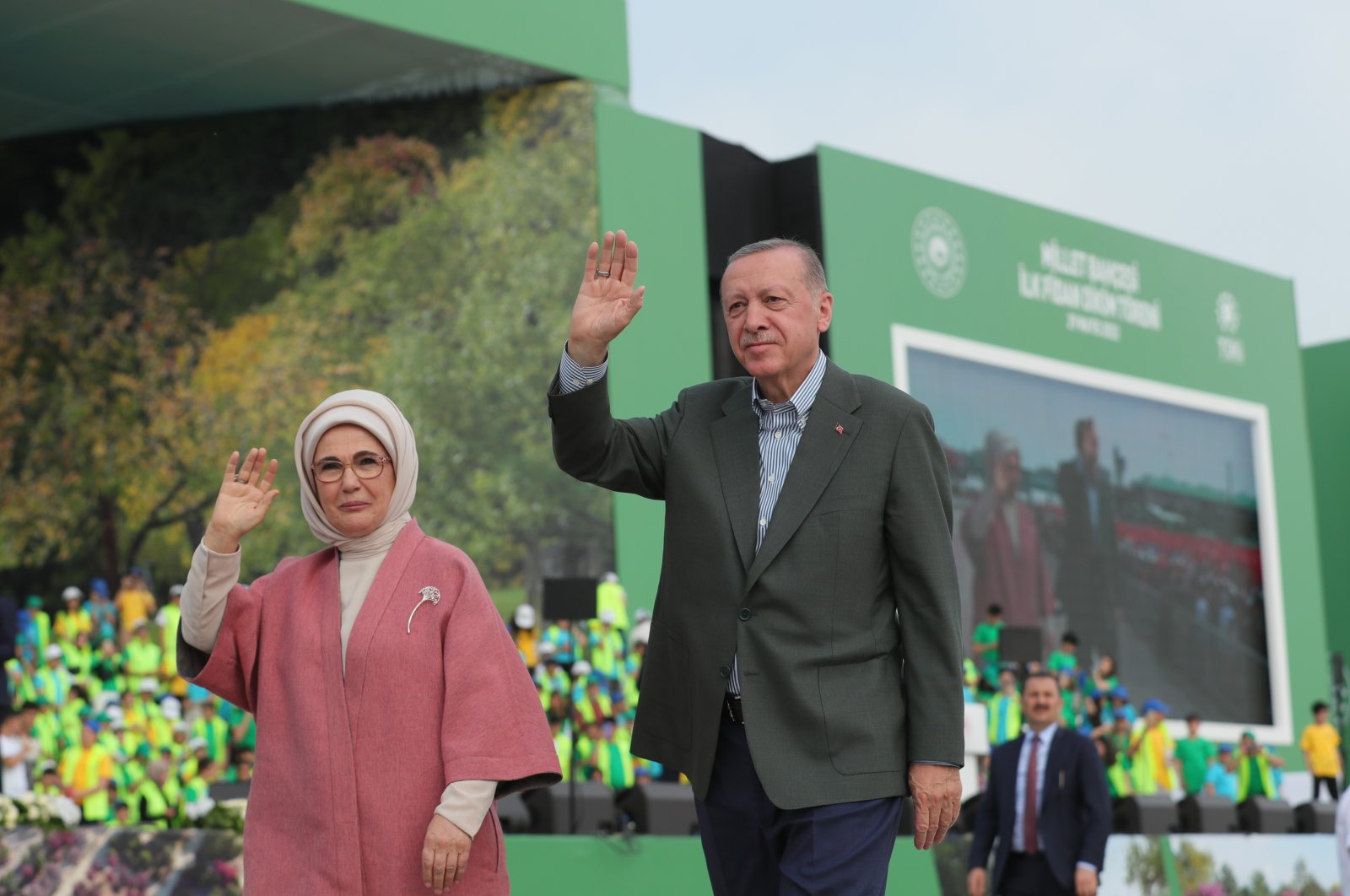 President Recep Tayyip Erdoğan and first lady Emine Erdoğan greet the crowd at Atatürk Airport, which will be transformed into a massive public park, May 29, 2022. (AA Photo)