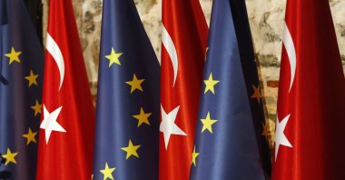 Turkey's and European flags prior to the opening session of a high-level meeting between EU and Turkey, in Istanbul, Thursday, Feb. 28, 2019.  (AP File Photo)