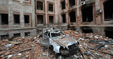 This photograph shows the damaged building of the Faculty of Economics of Karazin National University in Kharkiv, amid Russian invasion of Ukraine, May 28, 2022. (AFP Photo)