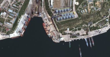 A satellite image shows an overview of a bulk carrier ship loading grain at the Ukrainian Black Sea port of Sevastopol, Ukraine, May 22, 2022. (Reuters Photo)