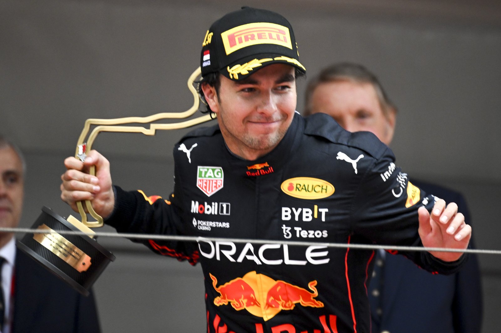 Red Bull&#039;s Sergio Perez celebrates on the podium after winning the F1 Monaco Grand Prix, Monte Carlo, Monaco, May 29, 2022. (EPA Photo)