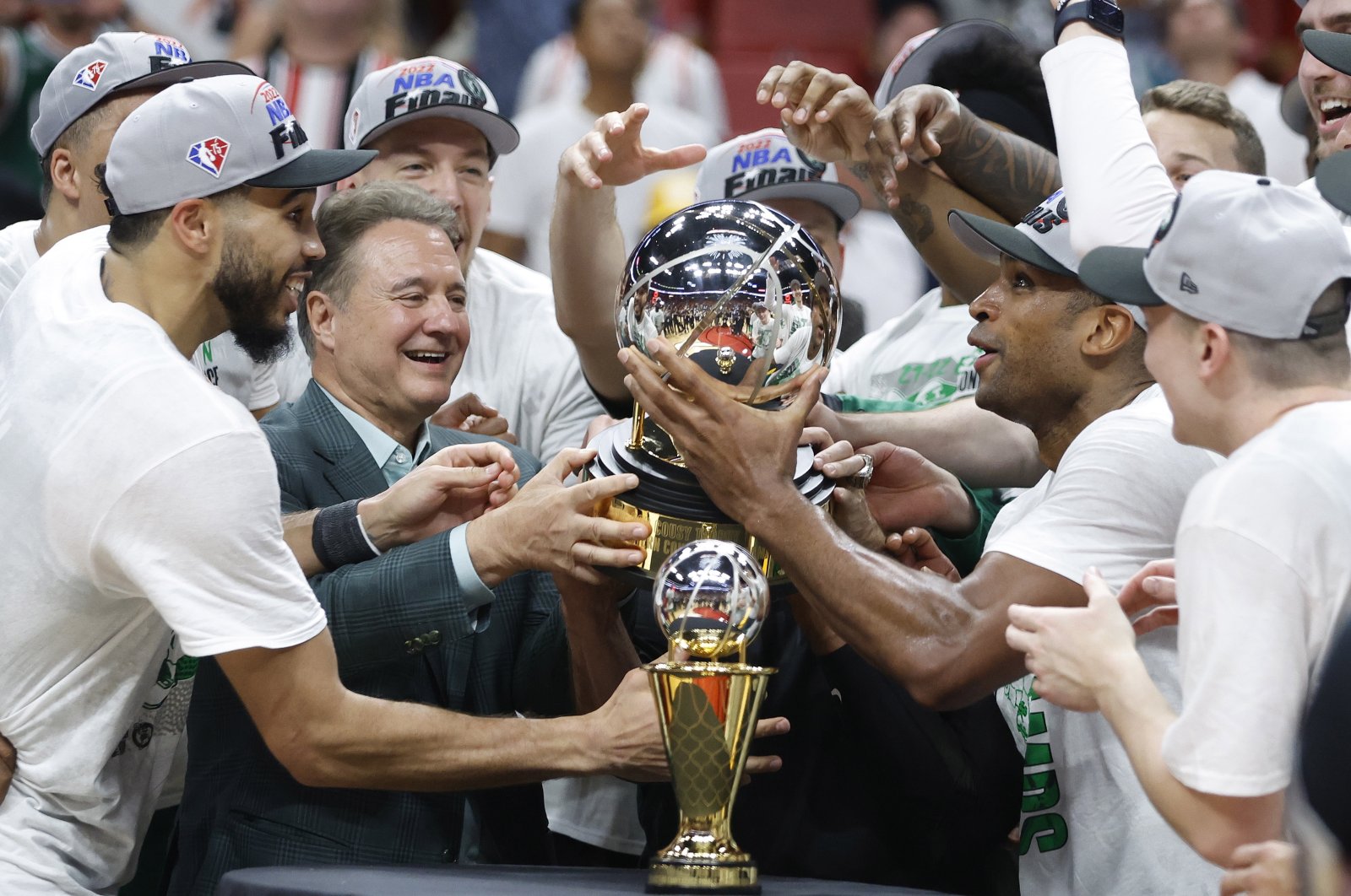 The Boston Celtics celebrate winning the NBA Eastern Conference Finals series against Miami Heat, Miami, U.S., May 29, 2022. (EPA Photo)