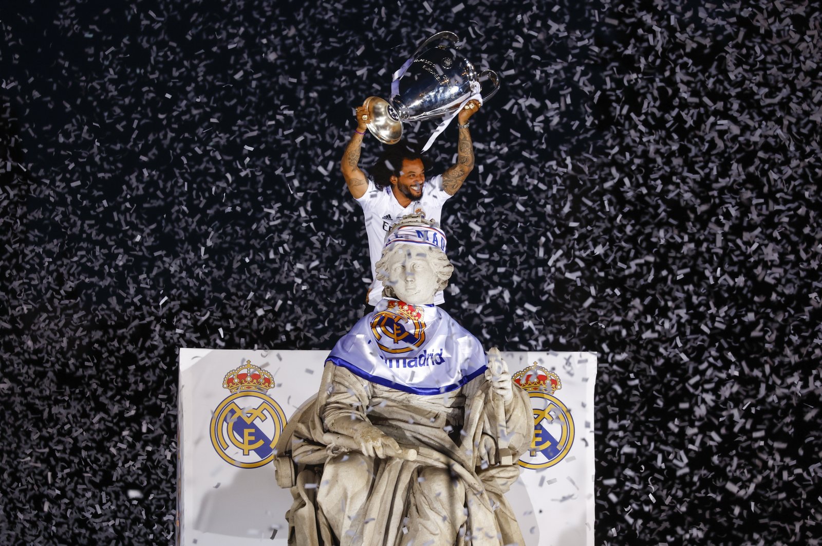 Real Madrid captain Marcelo lifts the Champions League trophy during celebrations for Real&#039;s 14th UEFA Champions League, Madrid, Spain, May 29, 2022. (EPA Photo)
