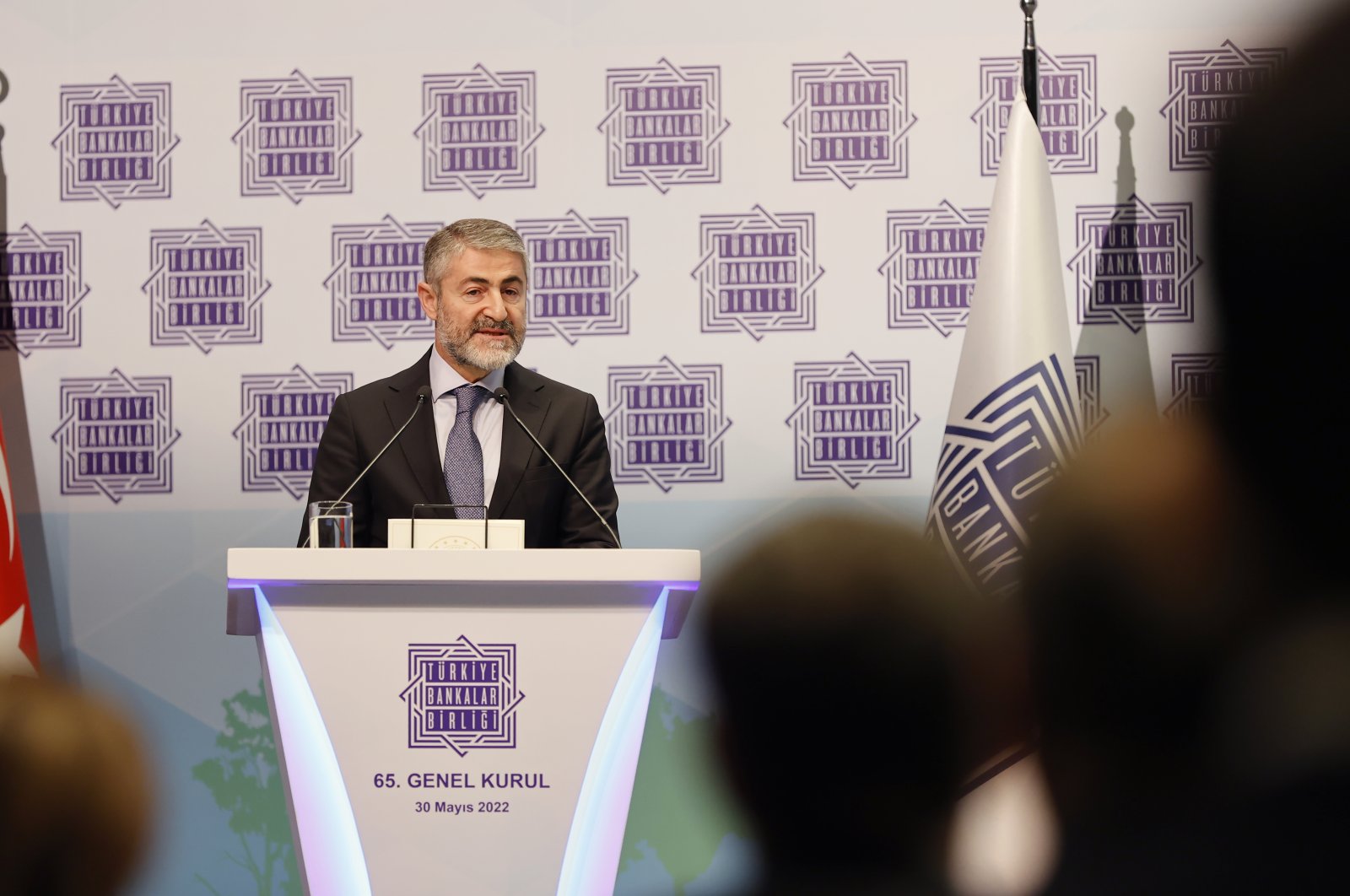 Treasury and Finance Minister Nureddin Nebati speaks at the 65th General Assembly of the Banks Association of Turkey (TBB), Istanbul, Turkey, May 30, 2022. (AA Photo)