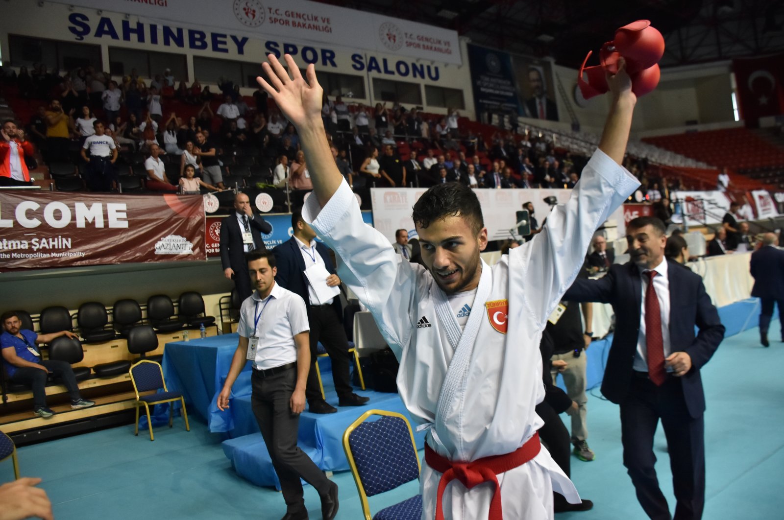 Turkey&#039;s Eray Şamdan celebrates winning gold at European European Seniors Karate Championship, Gaziantep, Turkey, May 28, 2022. (AA Photo)