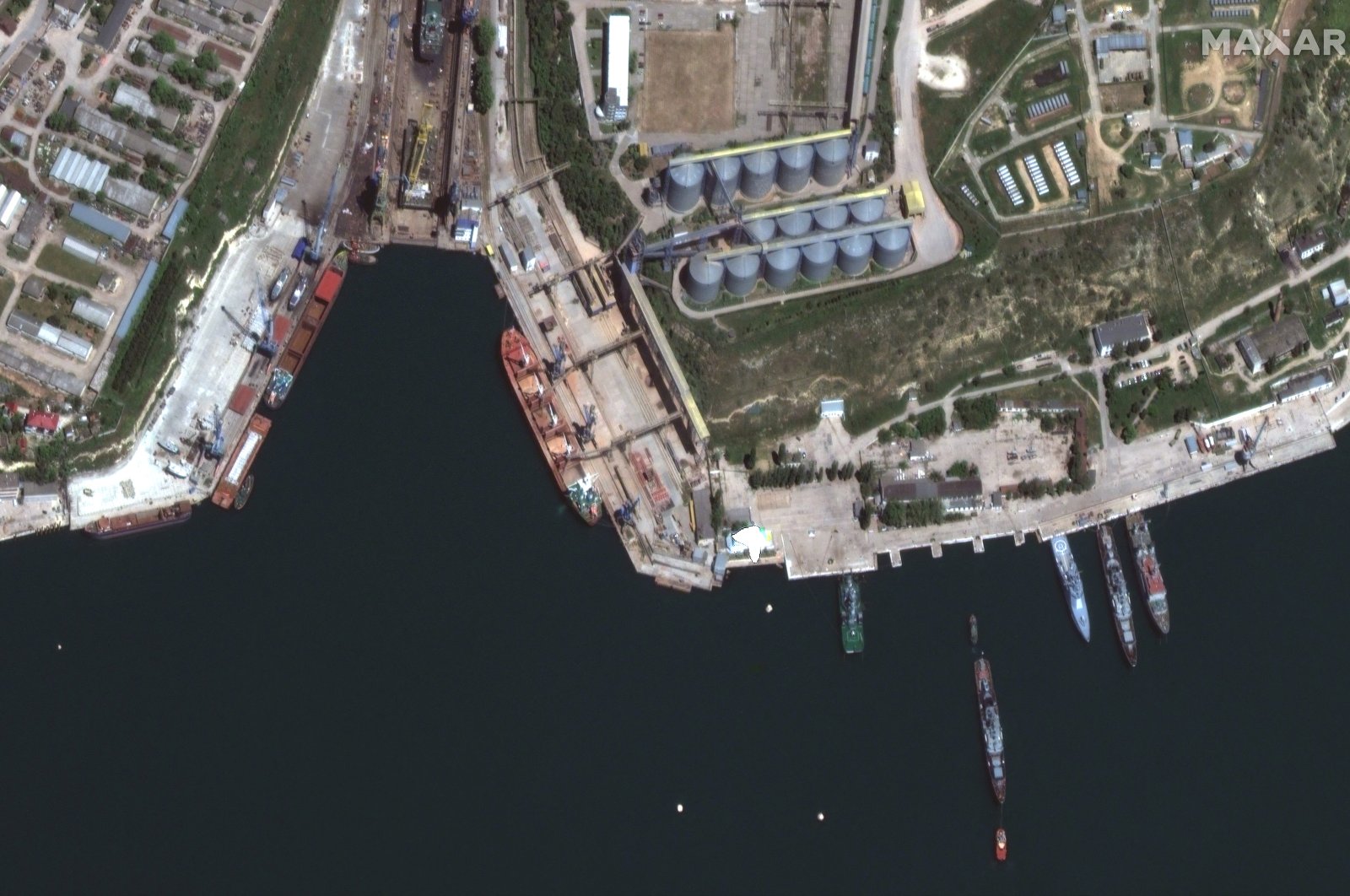 A satellite image shows an overview of a bulk carrier ship loading grain at the Ukrainian Black Sea port of Sevastopol, Ukraine, May 22, 2022. (Reuters Photo)