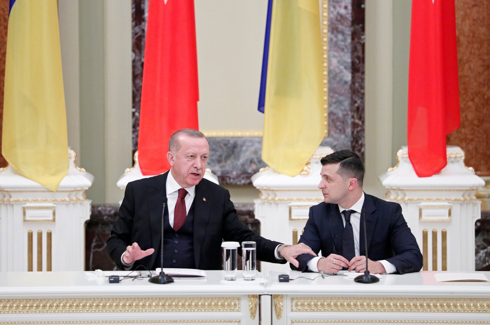 Ukrainian President Volodymyr Zelenskyy and President Recep Tayyip Erdoğan attend a joint news conference following their meeting in Kyiv, Ukraine, Feb. 3, 2020. (Reuters Photo)