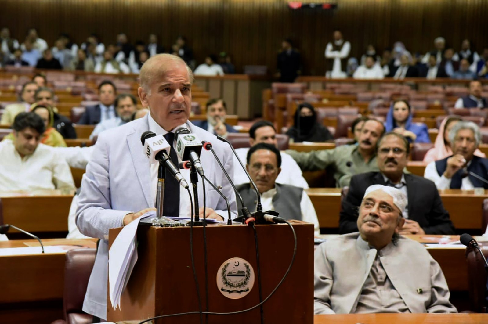 Newly-elected Pakistani Prime Minister Shahbaz Sharif addresses the National Assembly in Islamabad, Pakistan, April 11, 2022. (Press Information Department via AP)