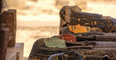 Sarcophagi found in a cache dating to the Egyptian Late Period (around the fifth century B.C.) are displayed after their discovery by a mission headed by Egypt&#039;s Supreme Council of Antiquities, at the Bubastian cemetery at the Saqqara necropolis, Cairo, Egypt, May 30, 2022. (AFP Photo)