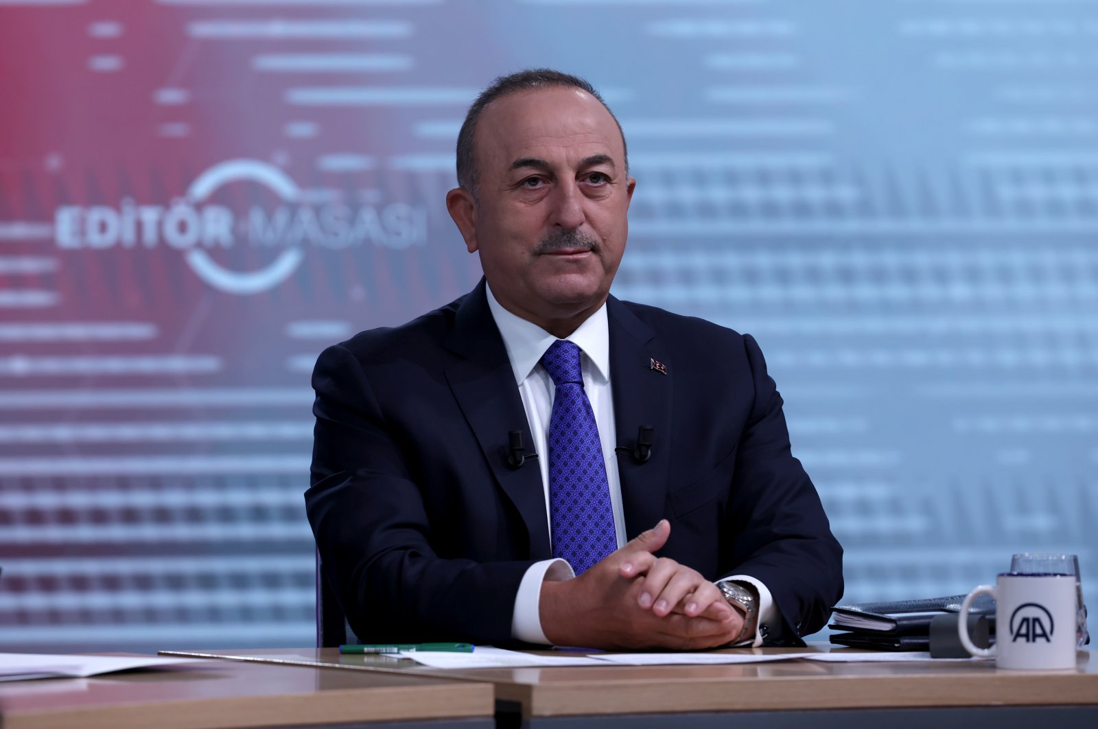Foreign Minister Mevlüt Çavuşoğlu speaks during an interview with Anadolu Agency&#039;s Editor&#039;s Desk, May 31, 2022. (AA Photo)