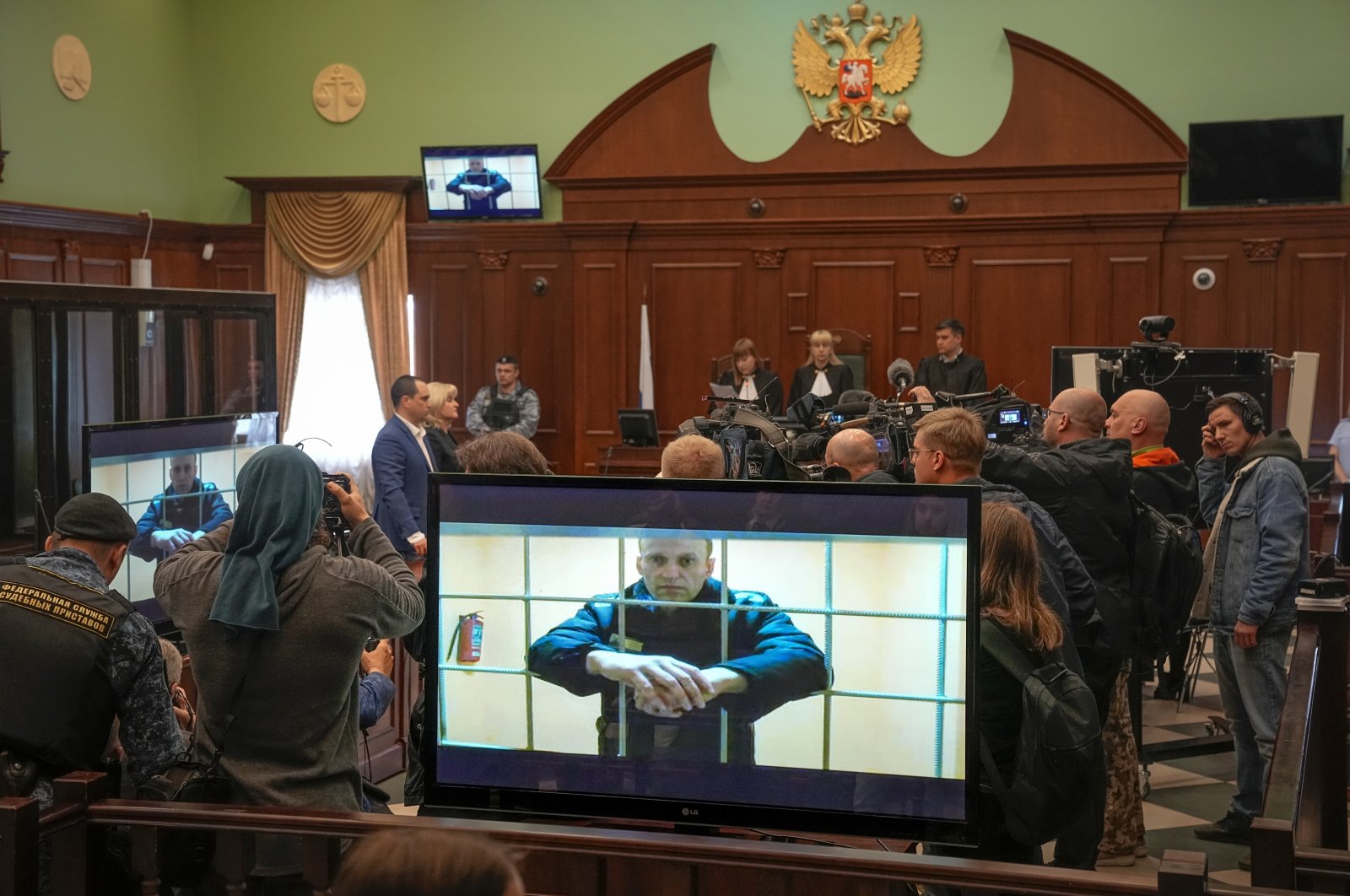 Russian opposition leader Alexei Navalny appears on a video link from prison, in a photo provided by the Russian Federal Penitentiary Service at Moscow City Court, Russia, May 24, 2022. (AP Photo)