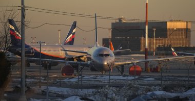 Aeroflot's passenger planes are parked at Sheremetyevo airport, outside Moscow, Russia, March 1, 2022. (AP Photo)