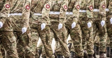 Soldiers march during a celebration of the United Nations 75th anniversary at Kastellet, Copenhagen, Denmark, Oct. 24, 2020. (Reuters Photo)