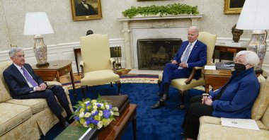 President Joe Biden meets with Treasury Secretary Janet Yellen (R) and Federal Reserve Chairperson Jerome Powell in the Oval Office, the White House, Washington, U.S., May 31, 2022. (AP Photo)