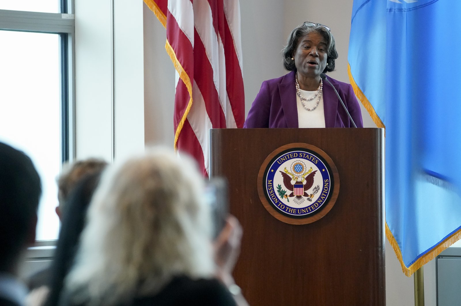 Linda Thomas-Greenfield, U.S. ambassador to the United Nations, introduces U.S. Secretary of State Antony Blinken before a town hall at the U.S. Mission to the United Nations with members of staff, Thursday, May 19, 2022, in New York. (AP Photo)