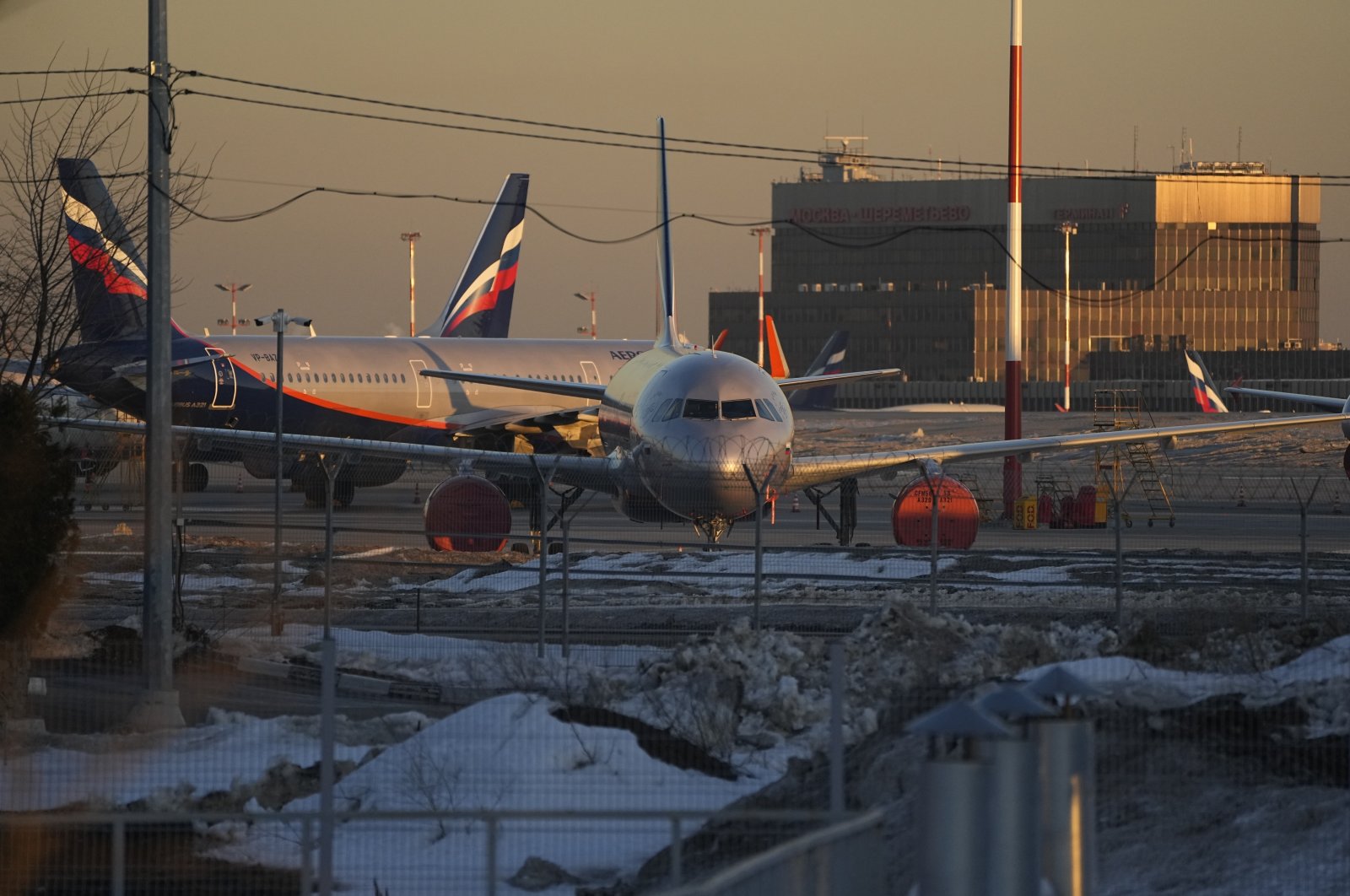 Aeroflot&#039;s passenger planes are parked at Sheremetyevo airport, outside Moscow, Russia, March 1, 2022. (AP Photo)