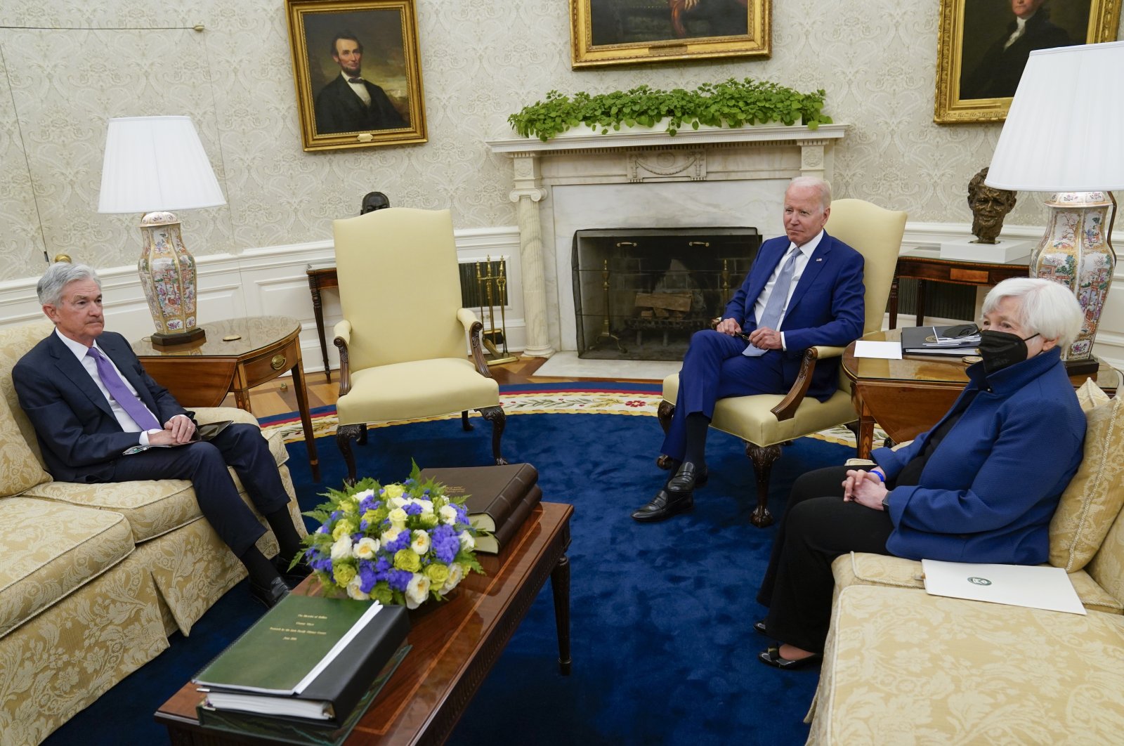 President Joe Biden meets with Treasury Secretary Janet Yellen (R) and Federal Reserve Chairperson Jerome Powell in the Oval Office, the White House, Washington, U.S., May 31, 2022. (AP Photo)