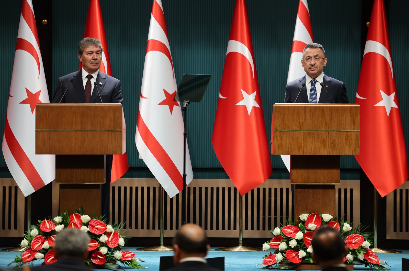 Vice President Fuat Oktay (R) receives TRNC Prime Minister Ünal Üstel in the capital Ankara, Turkey, May 31, 2022. (AA)