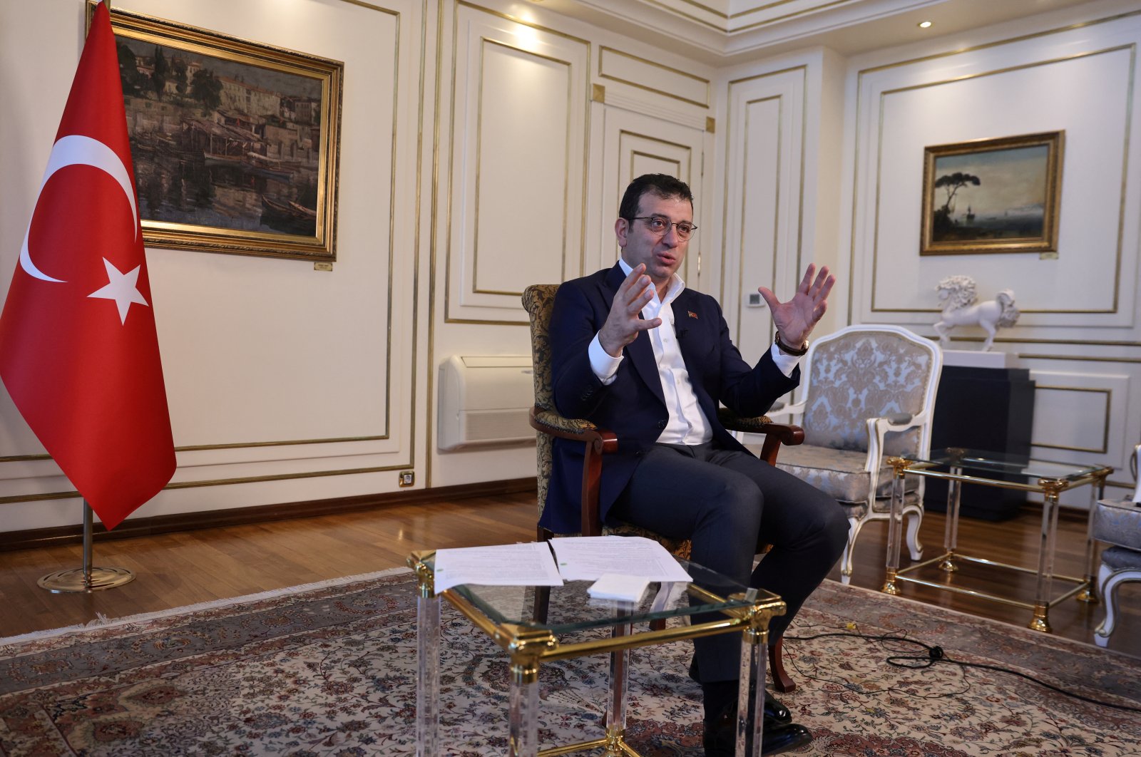 Mayor of Istanbul Ekrem İmamoğlu gestures during an interview with Reuters in Istanbul, Turkey, December 6, 2021. (REUTERS)