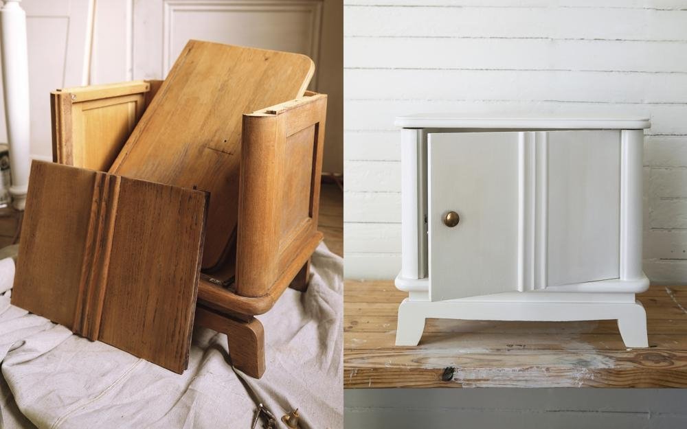 This combination of photos shows a disassembled wood cabinet,(L), and the cabinet refinished with white paint and brass hardware, featured in the book "Probably This Housewarming: A Guide to Creating a Home You Adore," by Beau Ciolino and Matt Armato. (AP Photo)
