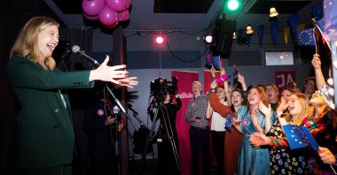 Social Liberty Party Chairperson Sofie Carsten Nielsen (L) celebrates the initial results of the referendum on joining the EU defense policy, Copenhagen, Denmark, June 1, 2022. (AFP Photo)
