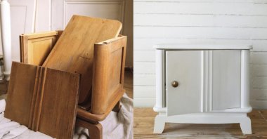 This combination of photos shows a disassembled wood cabinet,(L), and the cabinet refinished with white paint and brass hardware, featured in the book "Probably This Housewarming: A Guide to Creating a Home You Adore," by Beau Ciolino and Matt Armato. (AP Photo)