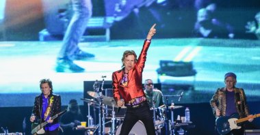 Mick Jagger, (C) Ronnie Wood, (L), and Keith Richards, (R) of the Rolling Stones perform during their SIXTY Stones Europe 2022 tour at the Wanda Metropolitano stadium in Madrid, Spain, June 1, 2022. (AP Photo)