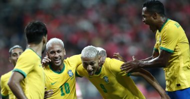 Brazil's Neymar (2nd L) celebrates with teammates after scoring against South Korea, Seoul, South Korea, June 2, 2022. (EPA Photo)