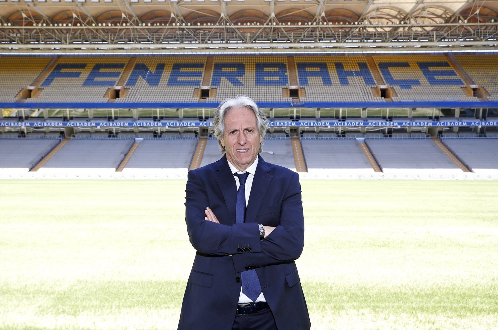 Newly appointed Fenerbahçe coach Jorge Jesus poses at the club&#039;s stadium in Kadiköy, Istanbul, June 2, 2022. (AA Photo)