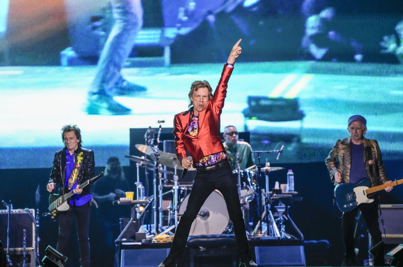 Mick Jagger, (C) Ronnie Wood, (L), and Keith Richards, (R) of the Rolling Stones perform during their SIXTY Stones Europe 2022 tour at the Wanda Metropolitano stadium in Madrid, Spain, June 1, 2022. (AP Photo)