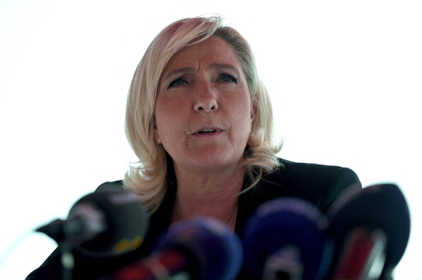 Marine Le Pen gives a press conference during a campaign visit to support the party&#039;s local candidates for the June 12 and 19 French parliamentary elections, Marseille, France, May 23, 2022. (AFP Photo)
