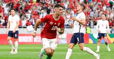 Hungary's Dominik Szoboszlai (C) celebrates scoring in a UEFA Nations League match against England, Budapest, Hungary, June 4, 2022. (EPA Photo)