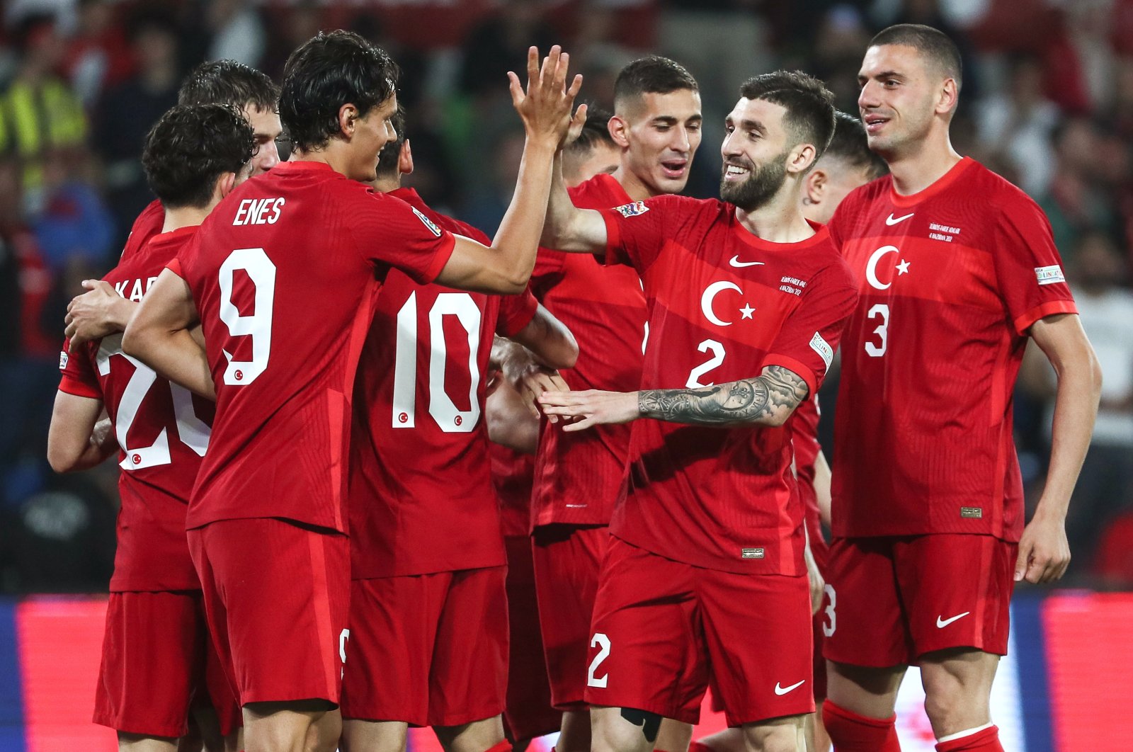 Turkey players celebrate a goal in a UEFA Nations League match against the Faroe Islands, Istanbul, Turkey, June 4, 2022. (EPA Photo)