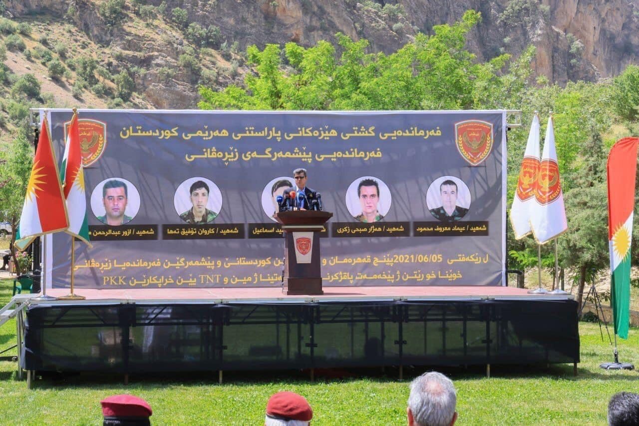 Duhok Governor Ali Tatar speaks during a ceremony to commemorate Pesmergha forces killed by PKK, northern Iraq, June 5, 2022. (AA)