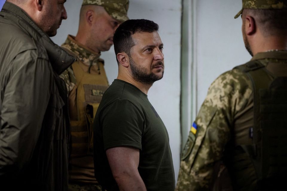 Ukraine&#039;s President Volodymyr Zelenskyy visits a position of Ukrainian service members, as Russia&#039;s attack on Ukraine continues in Soledar, Donetsk region, Ukraine, June 5, 2022. (Ukrainian Presidential Press Service via Reuters)