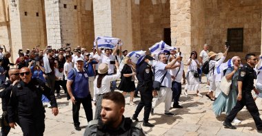 Hundreds of fanatical Israelis accompanied by Israeli police raid Al-Aqsa Mosque on "flag parade" day, occupied East Jerusalem, Palestine, May 29, 2022. (AA Photo)