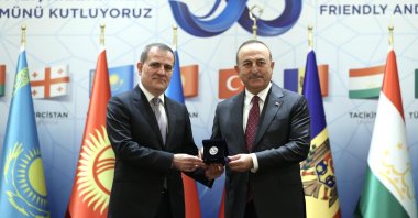 Foreign Minister Mevlüt Çavuşoğlu and Azerbaijan&#039;s Foreign Minister Jeyhun Bayramov attend a reception held in the capital Ankara for the 30th anniversary of diplomatic relations, Turkey, June 6, 2022. (AA)