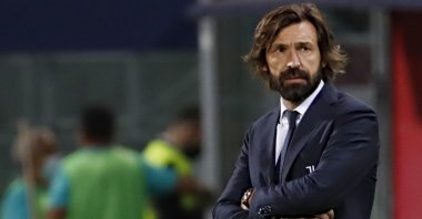 Then Juventus coach Andrea Pirlo reacts during a match against Bologna in the Serie A, Bologna, Italy, May 23, 2021. (EPA Photo)